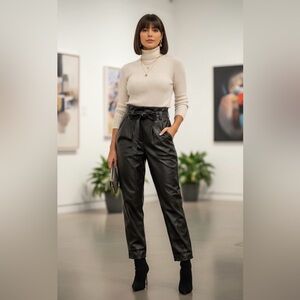 ReVamped Black Faux Leather Paperbag Waist Pants Size L Tie Front Edgy Chic